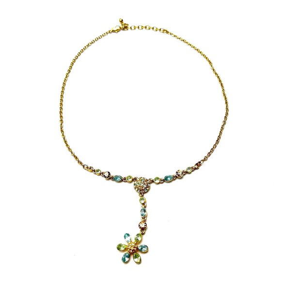 Gold Tone Bezel Set Crystal Y Drop Flower Pendant — Blue Green Stones 16-18" EUC - Picture 1 of 12